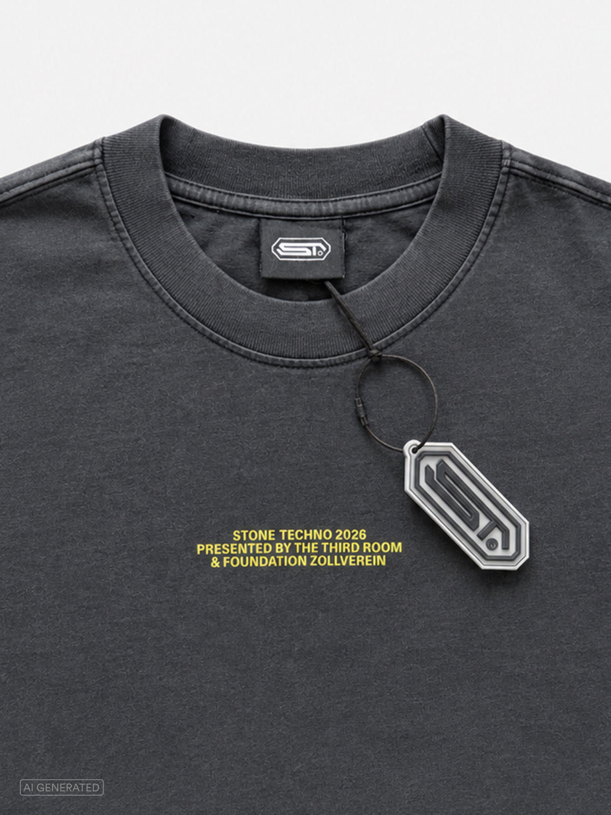 Nahaufnahme des dunkelgrauen T-Shirts mit kleinem gelbem Brustprint „STONE TECHNO 2026 PRESENTED BY THE THIRD ROOM & FOUNDATION ZOLLVEREIN“. Sichtbar sind der gerippte Rundhalskragen, ein schwarzes Nackenlabel mit weißem Logo sowie ein daran befestigter Anhänger. Hintergrund in Hellgrau.