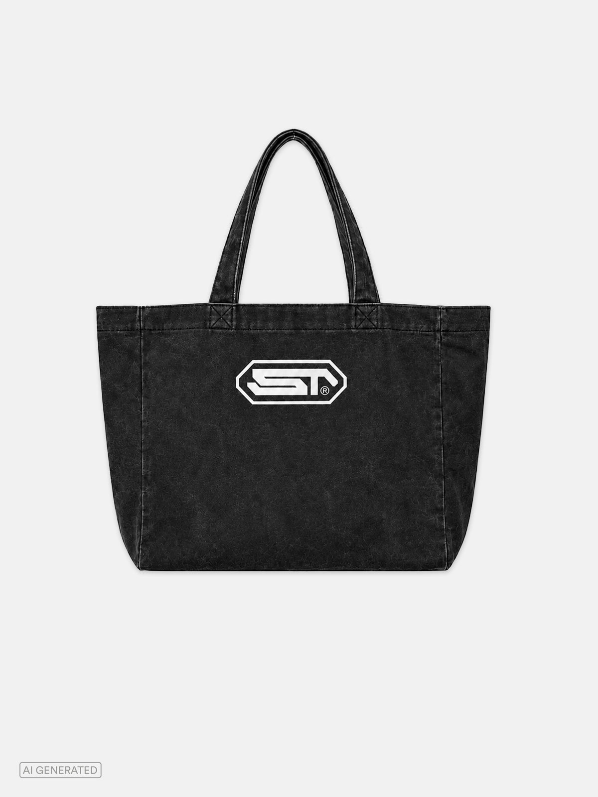 Große schwarze Tote Bag aus gewaschenem Baumwollstoff mit langen Tragehenkeln. Auf der Vorderseite ist mittig ein großes weißes Stone-Techno-Logo aufgedruckt. Produktdarstellung vor hellgrauem Hintergrund.