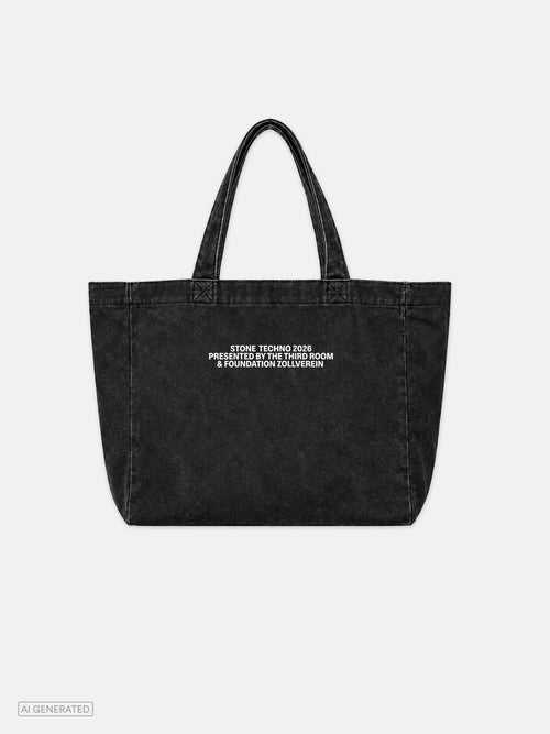 Große schwarze Tote Bag aus gewaschenem Baumwollstoff mit langen Tragehenkeln. Auf der Vorderseite befindet sich ein kleiner weißer Schriftzug mit dem Text „STONE TECHNO 2026 PRESENTED BY THE THIRD ROOM & FOUNDATION ZOLLVEREIN“. Produktdarstellung vor hellgrauem Hintergrund.