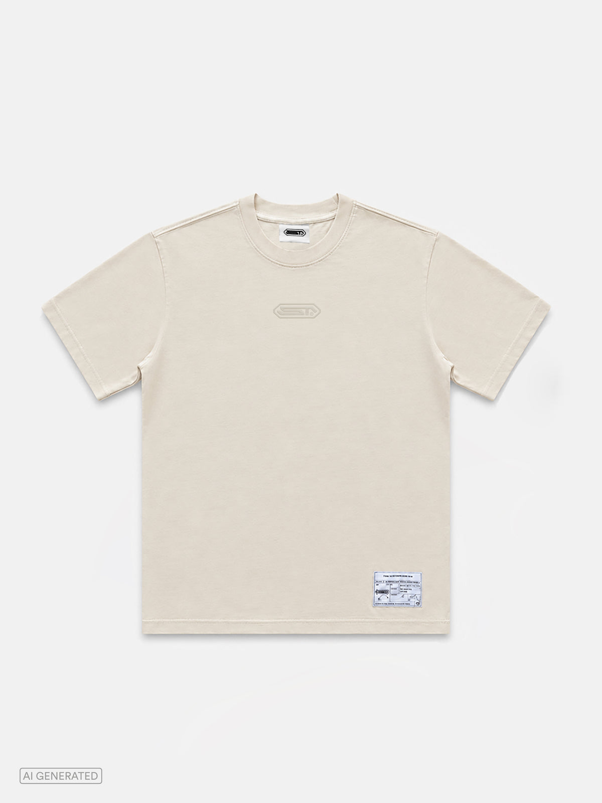 Beiges T-Shirt mit Rundhalsausschnitt und geradem Schnitt. Auf der Brust befindet sich ein dezent gesticktes, tonales Stone-Techno-Logo. Im unteren rechten Bereich ist ein aufgenähtes, technisches Label mit Produktinformationen angebracht. Produktdarstellung vor hellgrauem Hintergrund.