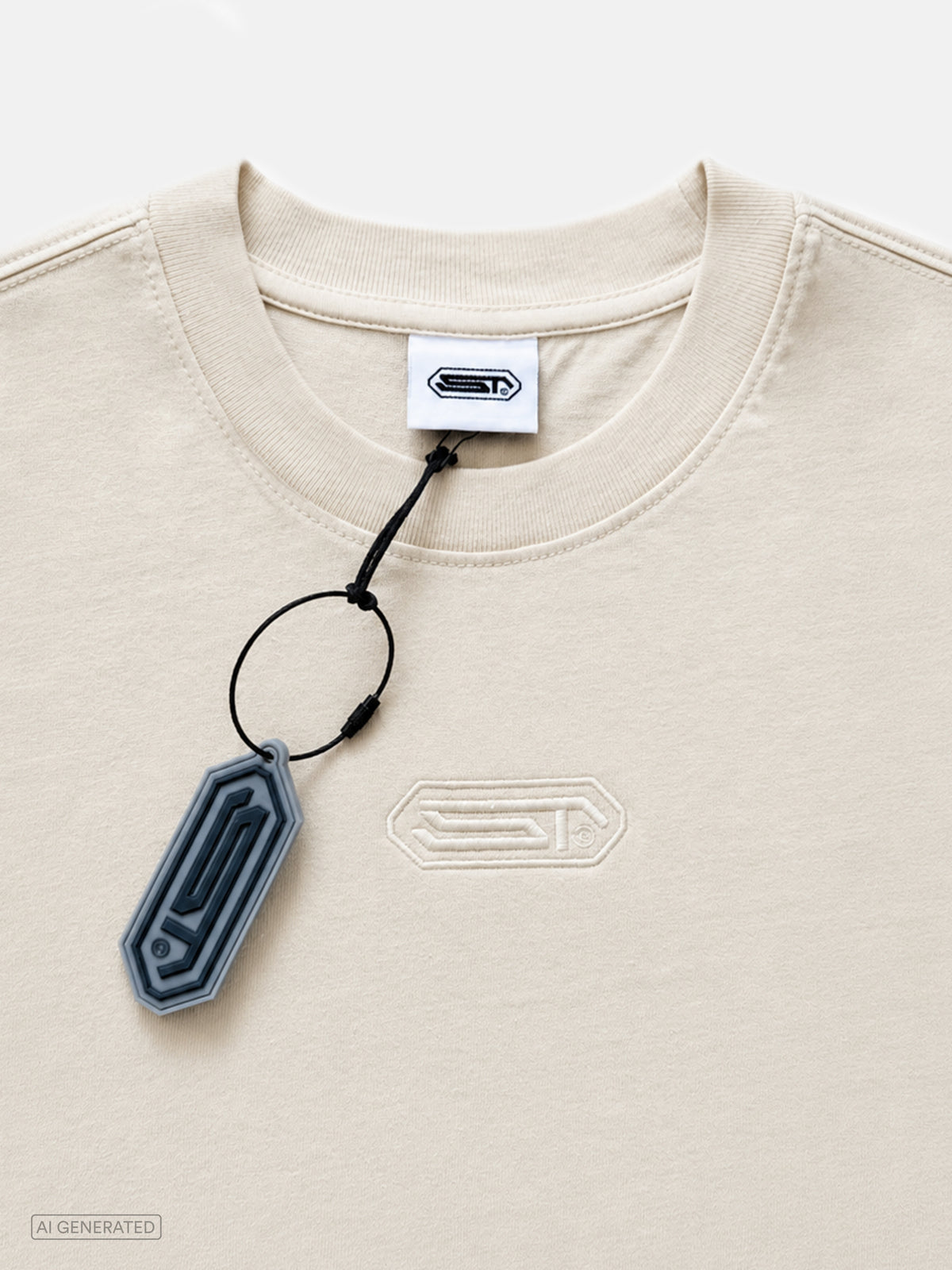 Nahaufnahme des beigen T-Shirts mit tonalem, gesticktem Stone-Techno-Logo auf der Brust. Sichtbar sind der gerippte Rundhalskragen, ein weißes Nackenlabel mit Logo sowie ein daran befestigter Anhänger in Form des Markenzeichens.