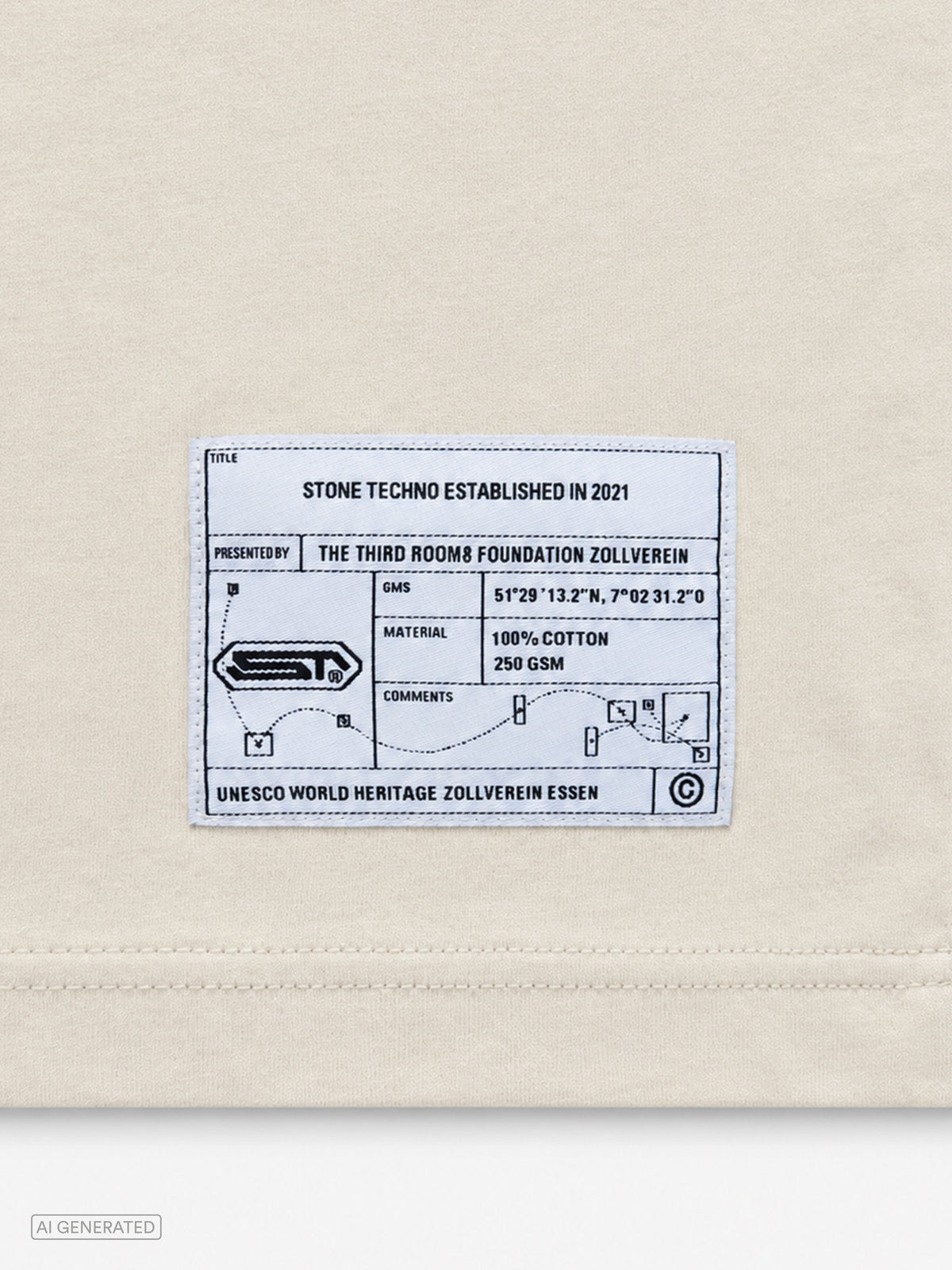 Detailaufnahme des aufgenähten Labels am unteren Saum des beigen T-Shirts. Das weiße Patch zeigt technische Grafikelemente, Produktinformationen, Materialangaben sowie den Hinweis auf das UNESCO-Welterbe Zollverein in Essen.