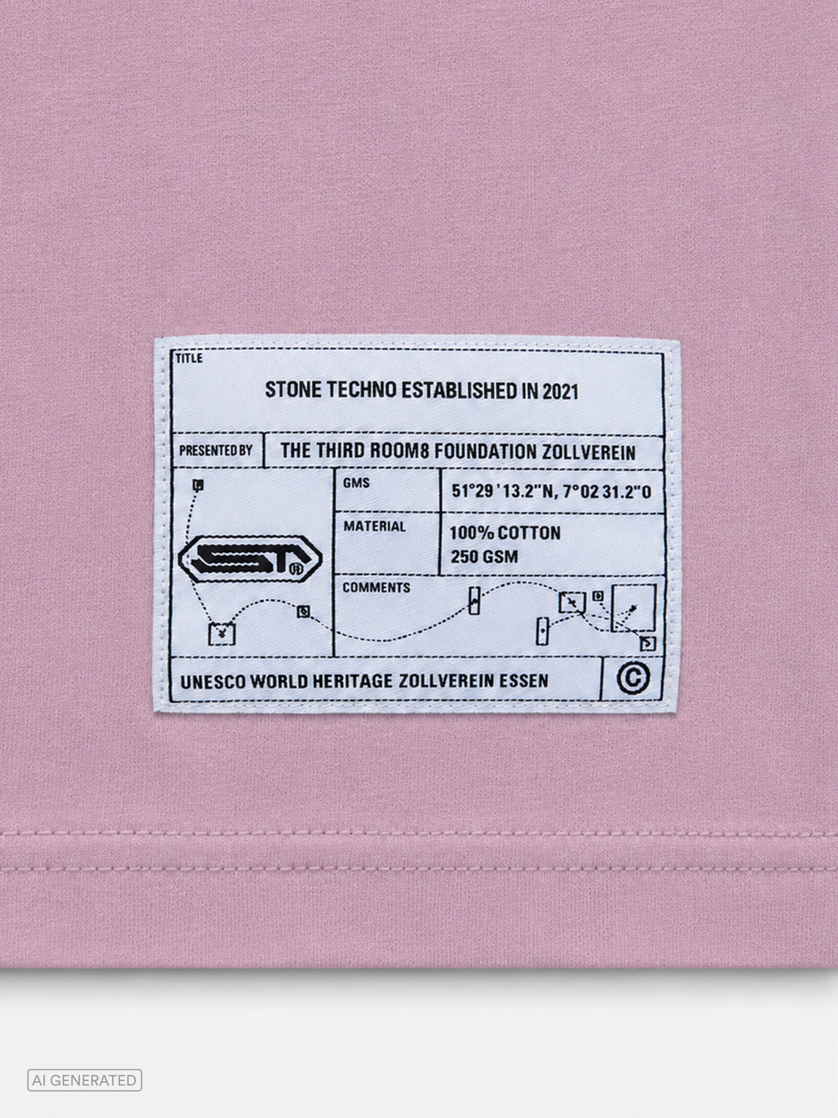 Detailaufnahme des weißen Labels am unteren Saum des rosa T-Shirts. Das Patch zeigt technische Illustrationen, Produktdaten, Materialinformationen sowie den Verweis auf das UNESCO-Welterbe Zollverein in Essen.