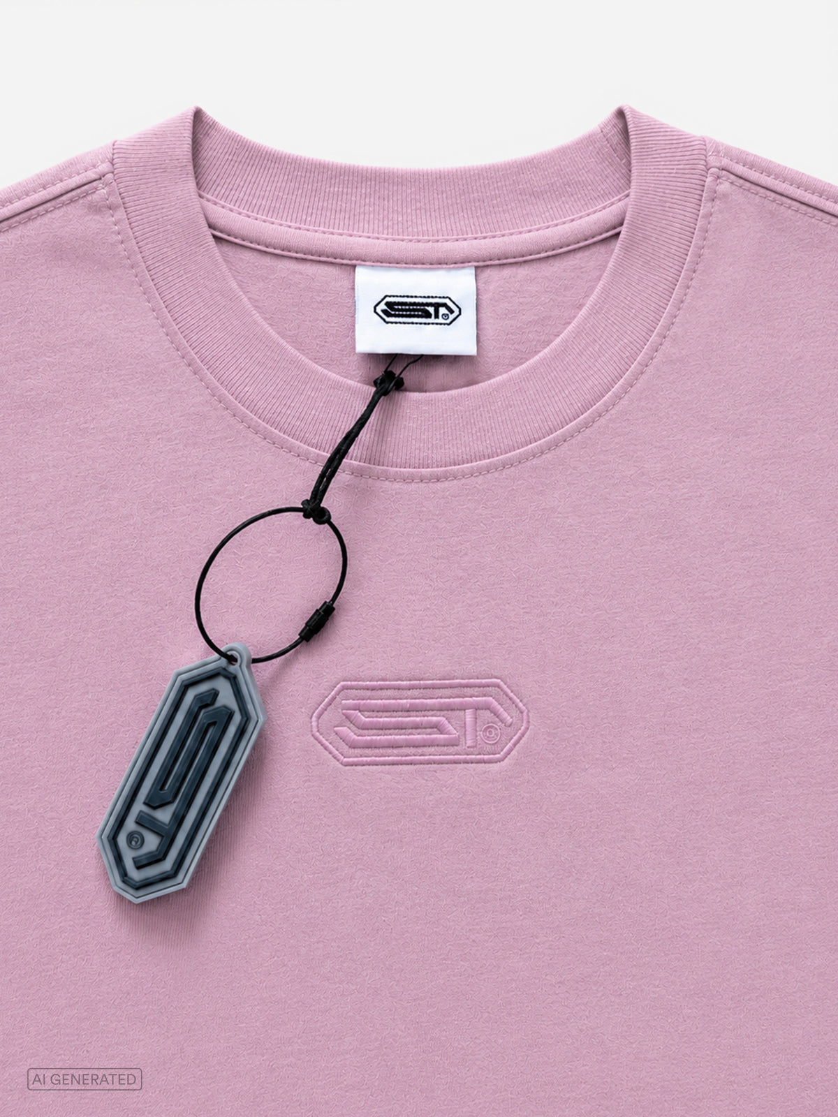 Nahaufnahme des rosa T-Shirts mit tonalem, gesticktem Stone-Techno-Logo auf der Brust. Sichtbar sind der gerippte Rundhalskragen, das weiße Markenlabel im Nacken sowie ein graublauer Anhänger mit Logo.
