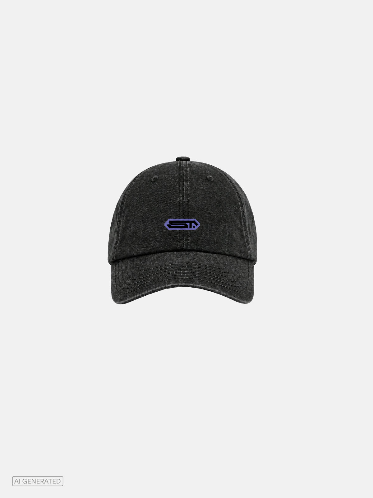 Schwarze Baseball-Cap mit gewaschener Optik und gebogenem Schirm. Auf der Vorderseite befindet sich ein kleines violettes Stone-Techno-Logo. Produktdarstellung vor hellgrauem Hintergrund.