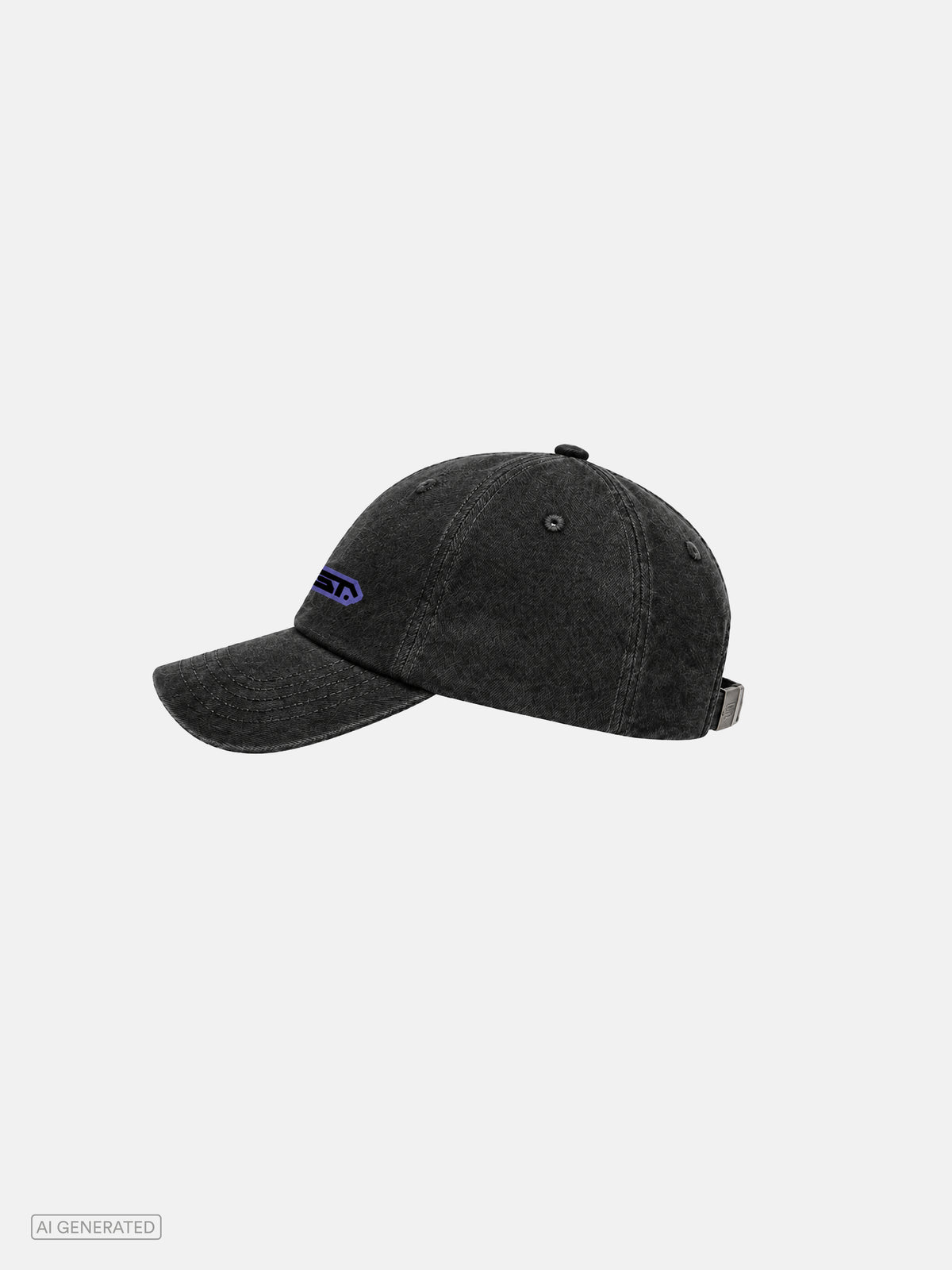 Seitliche Ansicht einer schwarzen Baseball-Cap mit gewaschener Optik, gebogenem Schirm und verstellbarem Metallverschluss auf der Rückseite. Das violette Stone-Techno-Logo ist teilweise sichtbar.