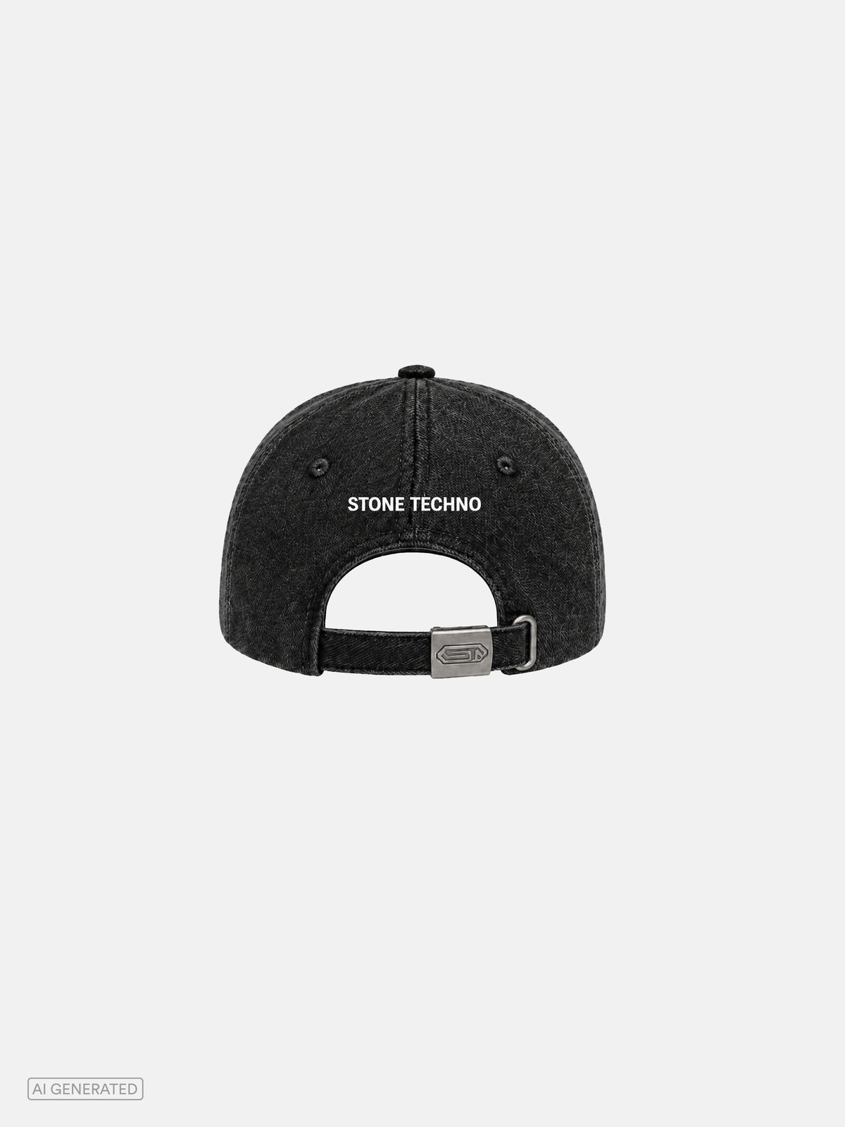 Rückansicht einer schwarzen Baseball-Cap mit gewaschener Optik. Über dem verstellbaren Metallverschluss befindet sich ein weißer „STONE TECHNO“-Schriftzug. Der Verschluss ist mit einem geprägten Stone-Techno-Logo versehen