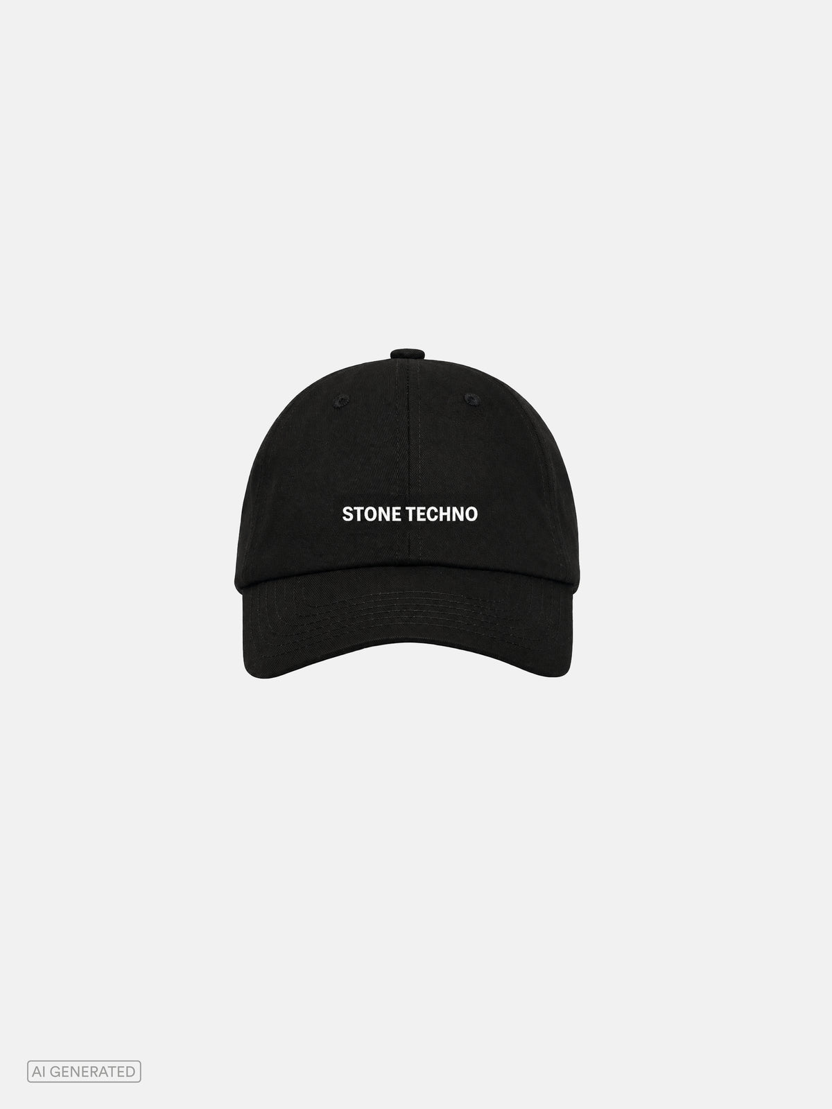 Schwarze Baseball-Cap mit gebogenem Schirm und kleinem violetten Stone-Techno-Logo auf der Vorderseite. Produktdarstellung vor hellgrauem Hintergrund.