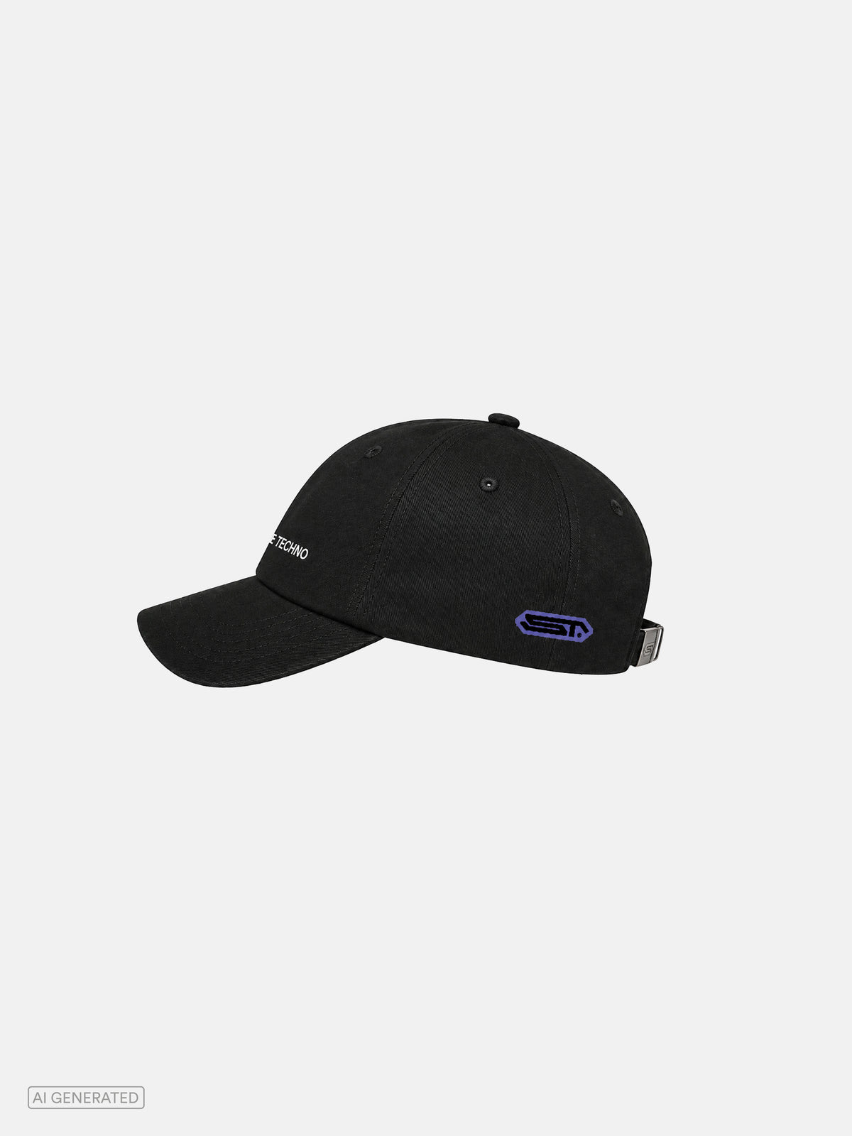 Seitliche Ansicht einer schwarzen Baseball-Cap mit gebogenem Schirm, violettem Stone-Techno-Logo auf der Vorderseite und verstellbarem Metallverschluss auf der Rückseite.