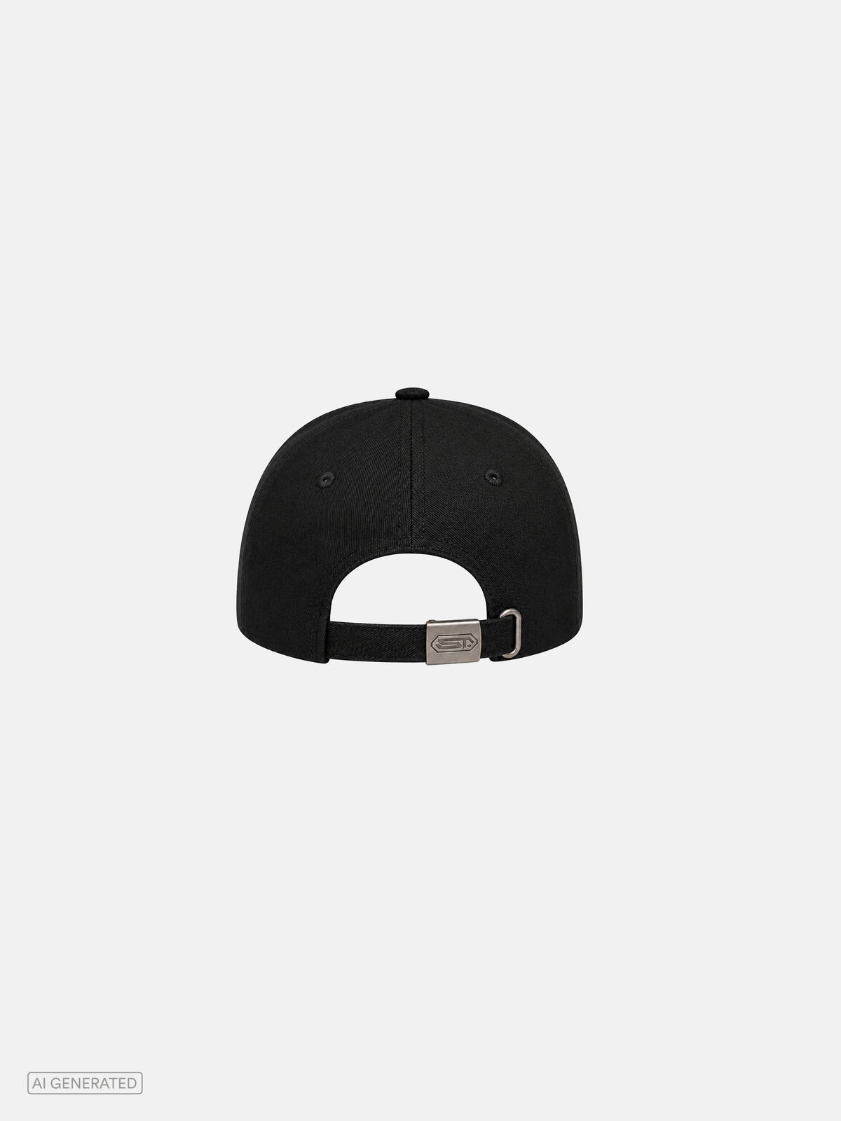 Rückansicht einer schwarzen Baseball-Cap mit weißem „STONE TECHNO“-Schriftzug oberhalb des verstellbaren Metallverschlusses. Der Verschluss trägt ein geprägtes Stone-Techno-Logo.