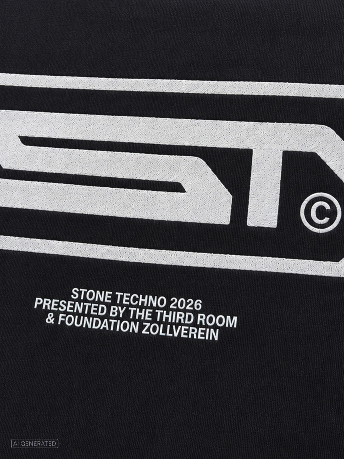 Nahaufnahme des weißen Stone-Techno-Logos auf schwarzem Stoff. Unterhalb des Logos befindet sich der weiße Schriftzug „STONE TECHNO 2026 PRESENTED BY THE THIRD ROOM & FOUNDATION ZOLLVEREIN“.