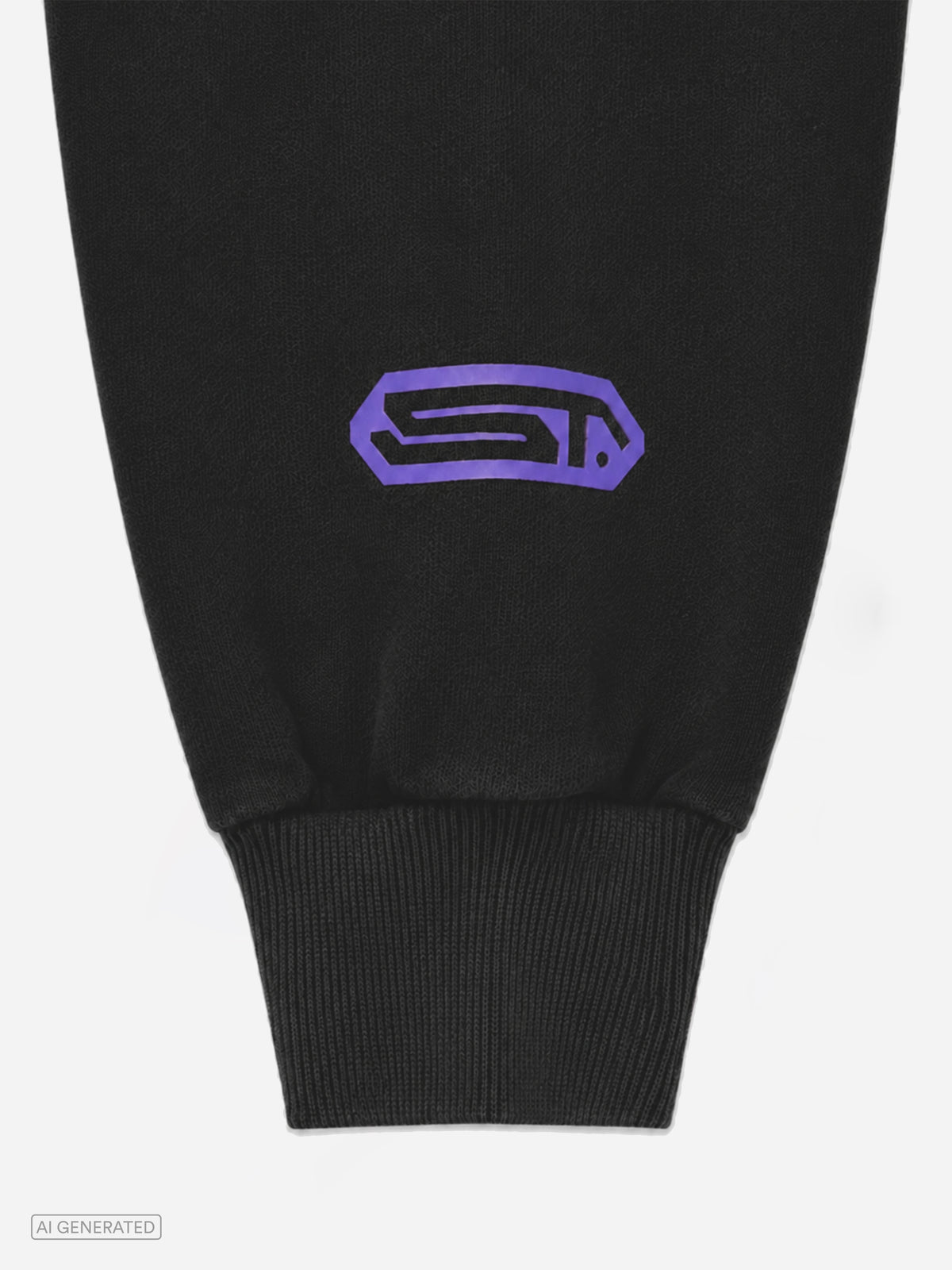 Detailaufnahme eines schwarzen Hoodie-Ärmels mit geripptem Bündchen. Oberhalb des Bündchens ist ein violettes Stone-Techno-Logo aufgedruckt.