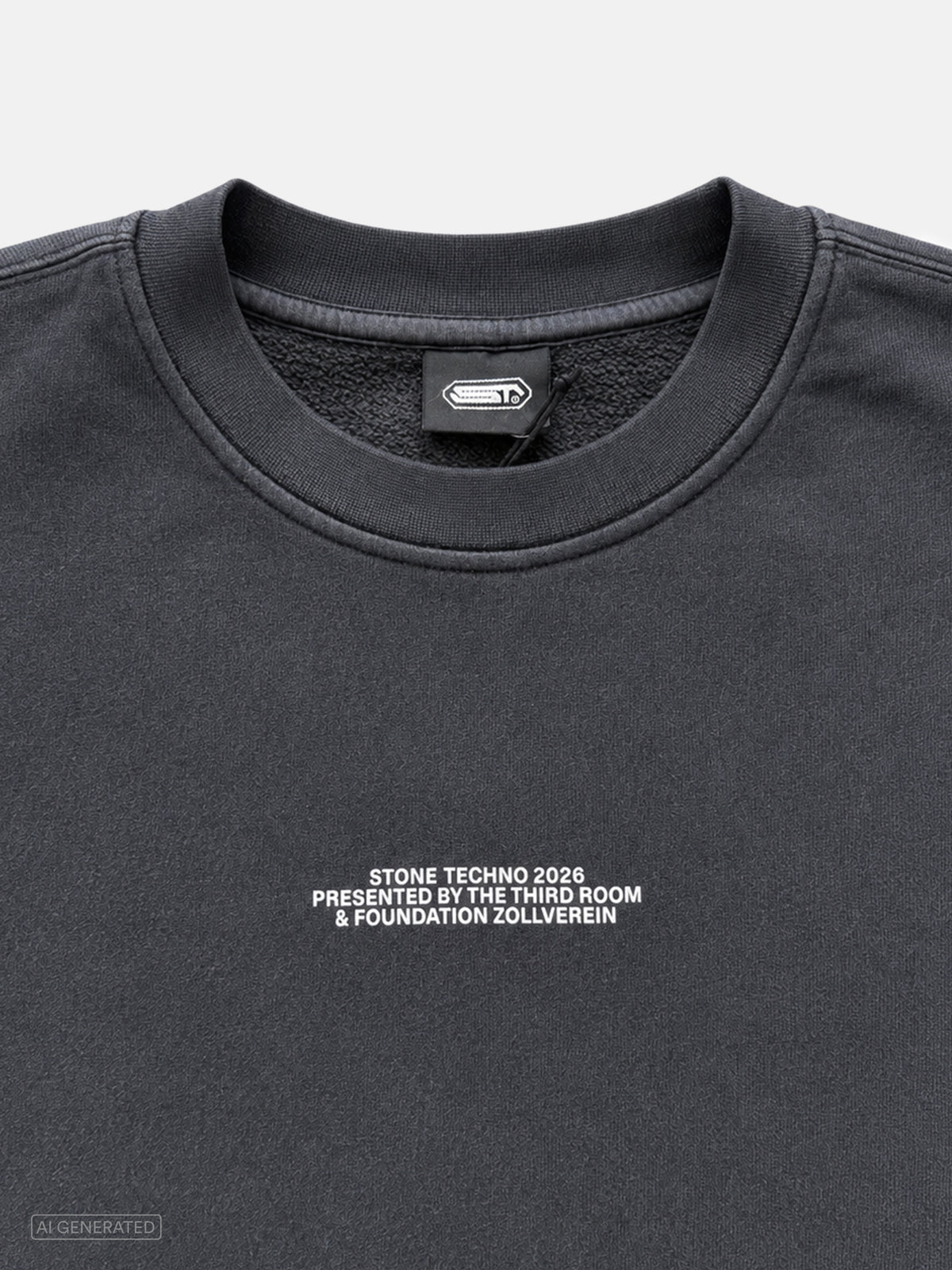 Nahaufnahme des dunkelgrauen Sweatshirts mit kleinem weißen Brustprint „STONE TECHNO 2026 PRESENTED BY THE THIRD ROOM & FOUNDATION ZOLLVEREIN“. Sichtbar sind außerdem der gerippte Rundhalskragen und das schwarze Nackenlabel mit Stone-Techno-Logo.