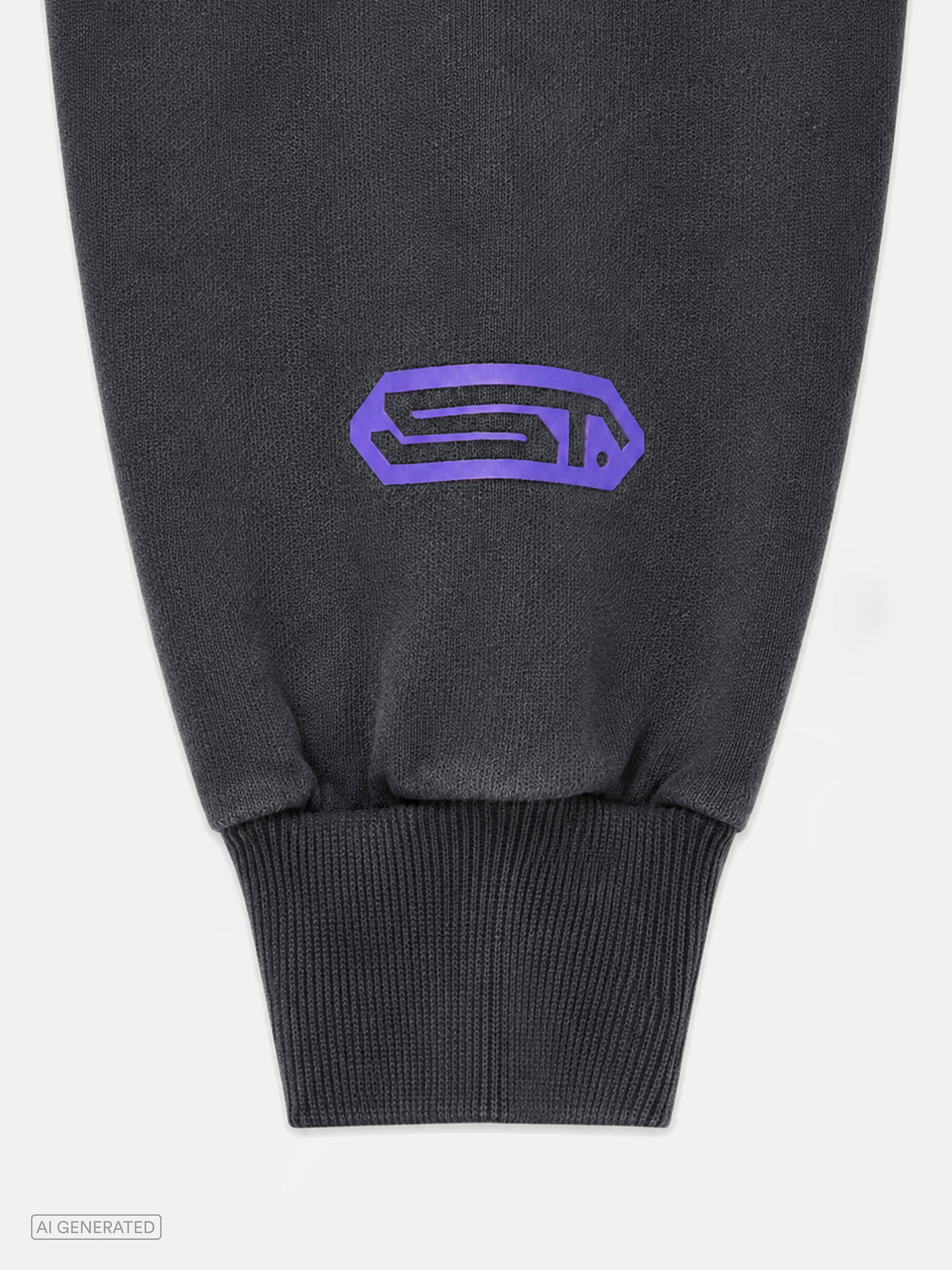 Detailaufnahme eines dunkelgrauen Sweatshirt-Ärmels mit geripptem Bündchen. Über dem Bündchen ist ein violettes Stone-Techno-Logo aufgedruckt.