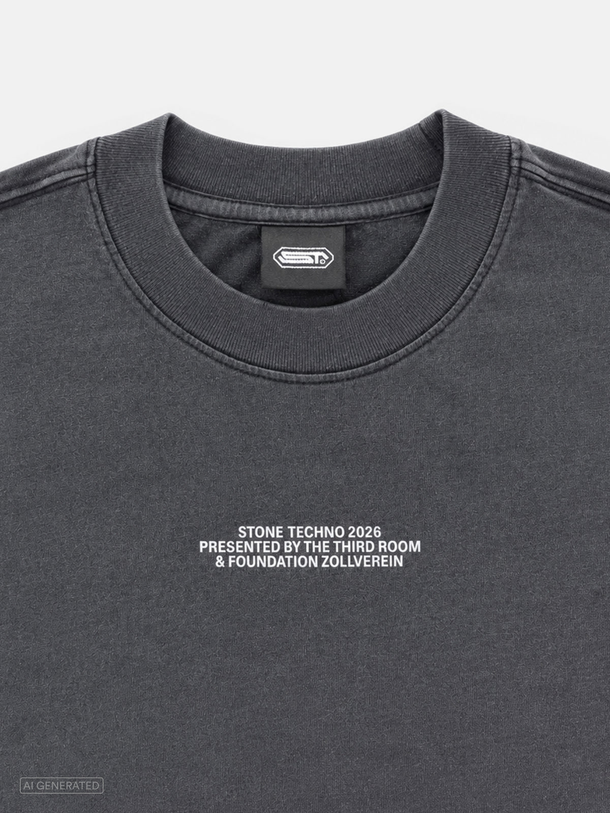 Nahaufnahme des dunkelgrauen T-Shirts mit weißem Brustprint „STONE TECHNO 2026 PRESENTED BY THE THIRD ROOM & FOUNDATION ZOLLVEREIN“. Sichtbar sind außerdem der gerippte Rundhalskragen und das schwarze Nackenlabel mit Stone-Techno-Logo.