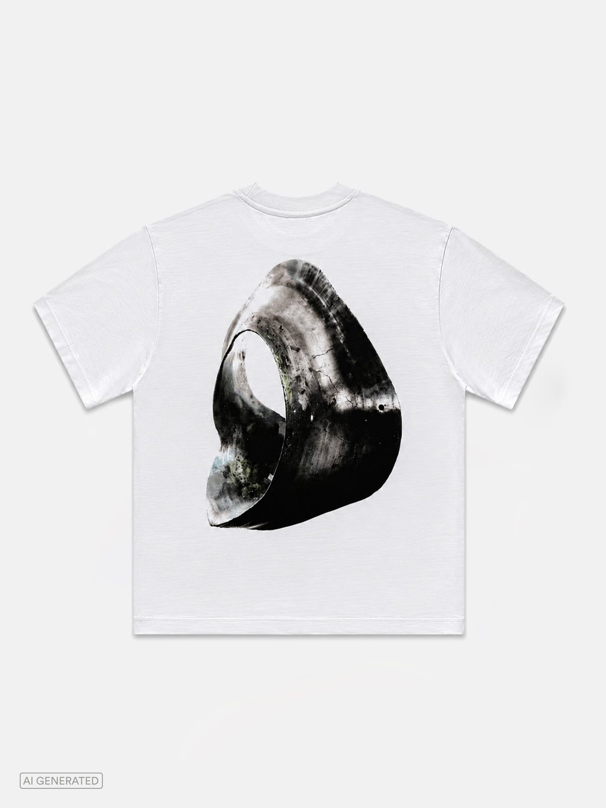 Rückansicht eines weißen T-Shirts mit großflächigem Rückenprint. Die Grafik zeigt eine abstrakte, skulpturale Form in Schwarz-, Grau- und Weißtönen mit organischer, steinähnlicher Oberfläche. Produktdarstellung vor hellgrauem Hintergrund.