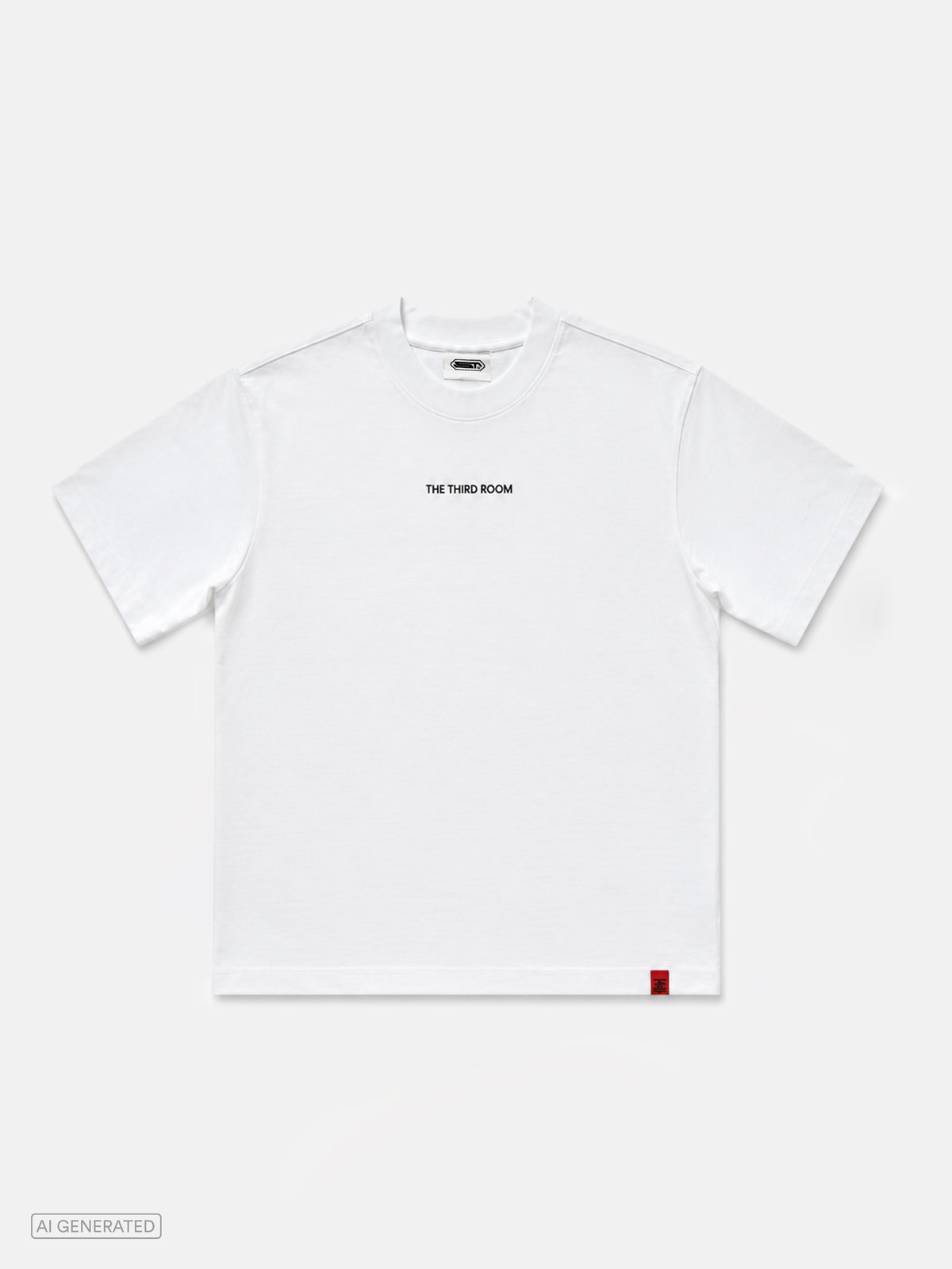 Weißes T-Shirt mit Rundhalsausschnitt und geradem Schnitt. Auf der Brust befindet sich der schwarze Schriftzug „THE THIRD ROOM“. Am unteren rechten Saum ist ein kleines rotes Markenlabel angebracht. Produktdarstellung vor hellgrauem Hintergrund.
