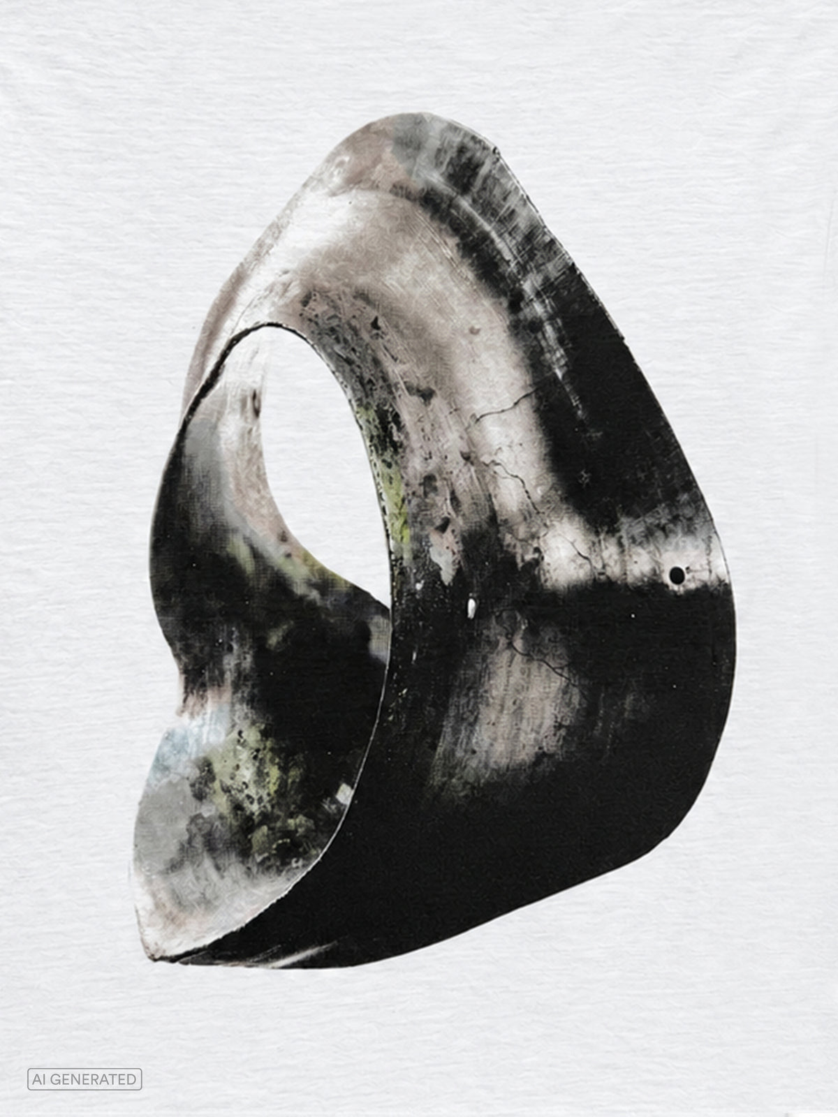 Nahaufnahme des Rückenprints auf dem weißen T-Shirt. Zu sehen ist eine abstrakte, ringförmige Skulptur mit strukturierter Oberfläche in Schwarz-, Grau- und Naturtönen, die an Stein oder Metall erinnert.