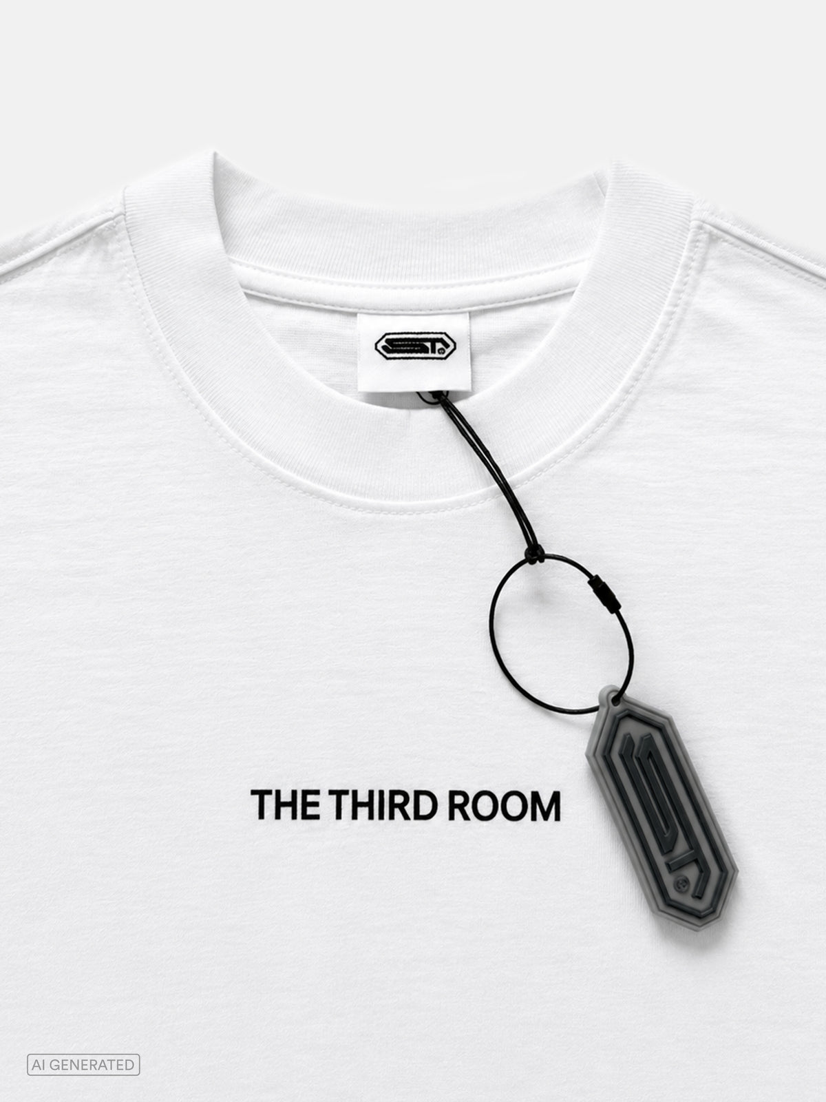 Nahaufnahme des weißen T-Shirts mit schwarzem Schriftzug „THE THIRD ROOM“ auf der Brust. Sichtbar sind außerdem der gerippte Rundhalskragen, das weiße Nackenlabel mit Logo sowie ein grauer Logo-Anhänger am Hangtag.