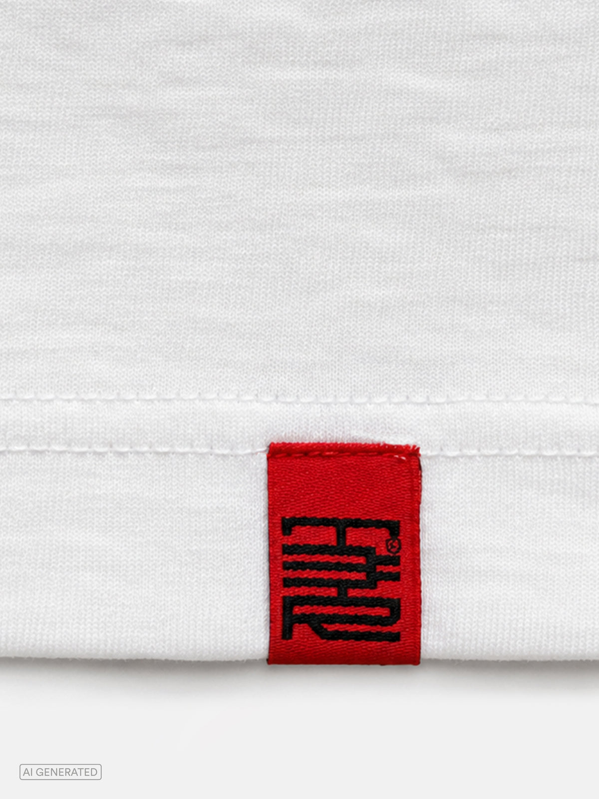 Detailaufnahme eines weißen T-Shirt-Saums mit eingenähtem rotem Stofflabel. Das Label zeigt ein schwarzes, vertikal angeordnetes Logo von The Third Room.