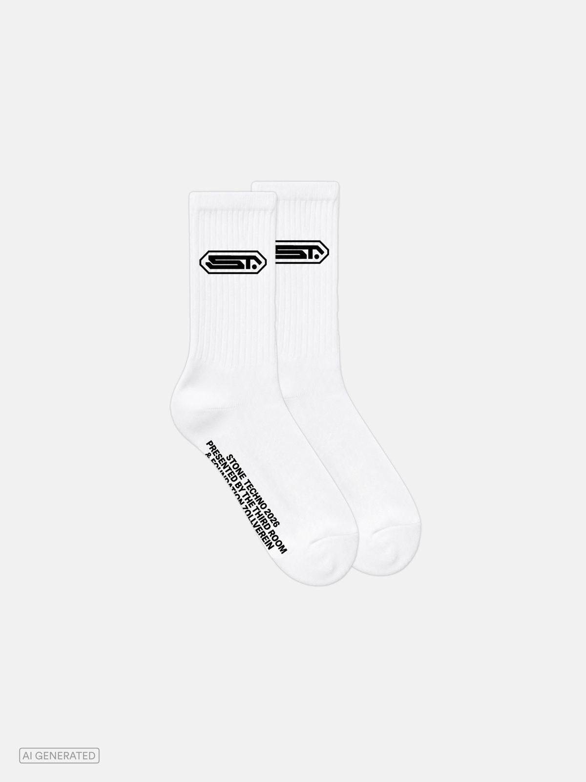 Paar weiße gerippte Crew-Socken mit schwarzem Stone-Techno-Logo am Schaft. Auf der Außenseite verläuft ein weißer Schriftzug mit dem Text „STONE TECHNO 2026 PRESENTED BY THE THIRD ROOM & FOUNDATION ZOLLVEREIN“. Produktdarstellung vor hellem Hintergrund.